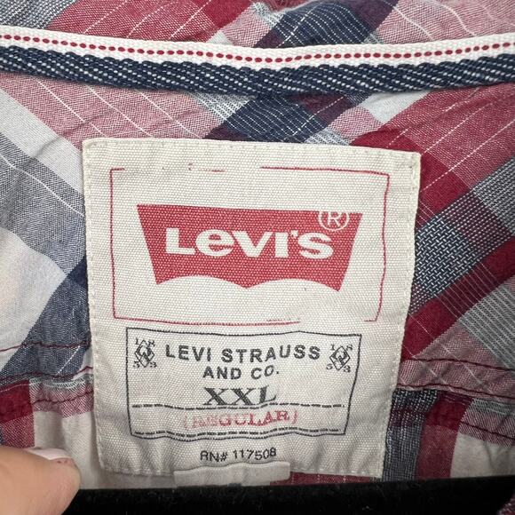 Vintage Levi's Red Blue White Plaid Striped Casual Pearl Snap Western Men's XXL - Picture 10 of 12